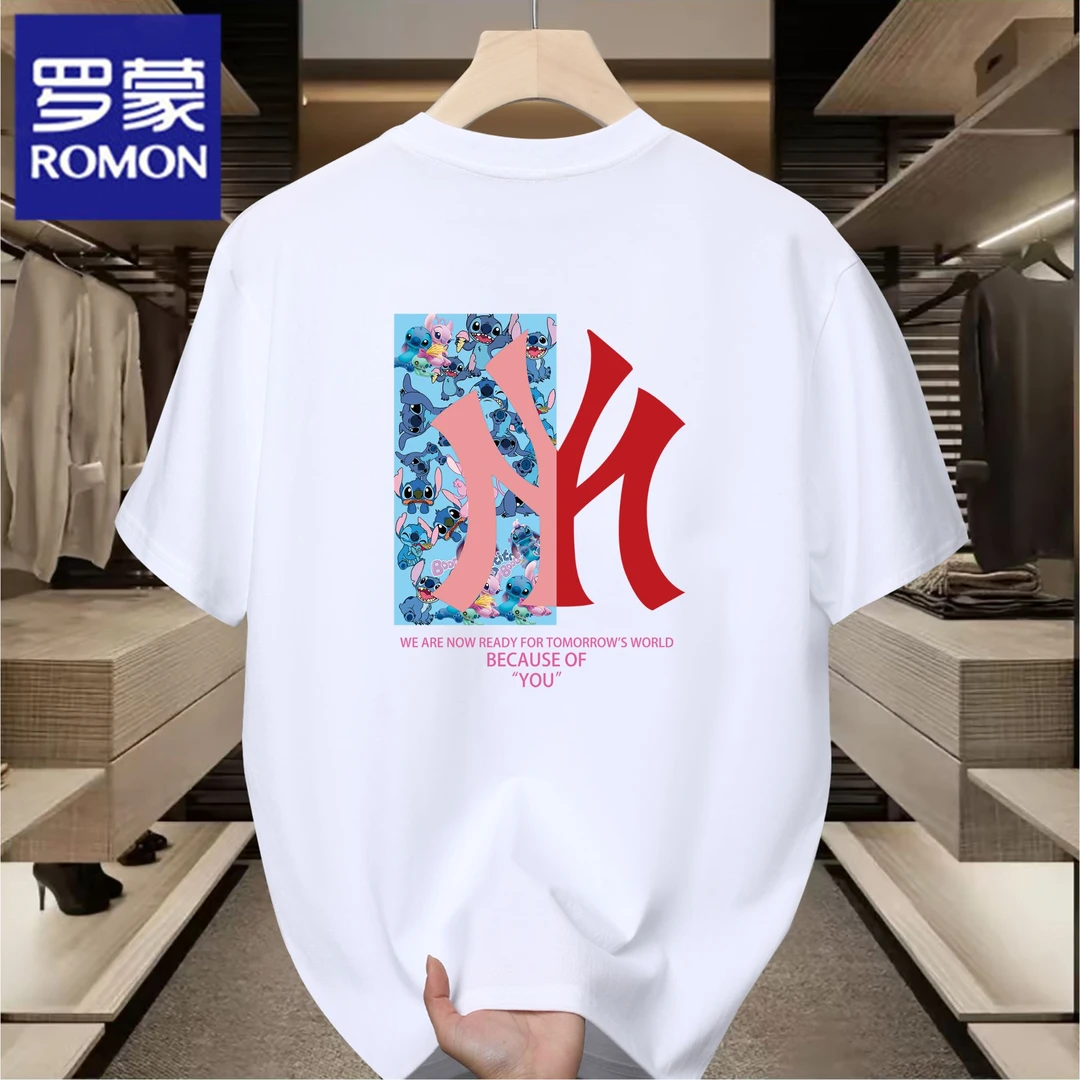 Romon/罗蒙新款情侣装重磅短袖大码美式宽松t恤潮牌印花2025纯棉