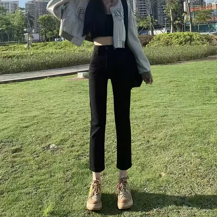 依美八分裤【裤长85】黑色直筒牛仔裤女2025秋款弹力显瘦高腰烟管裤