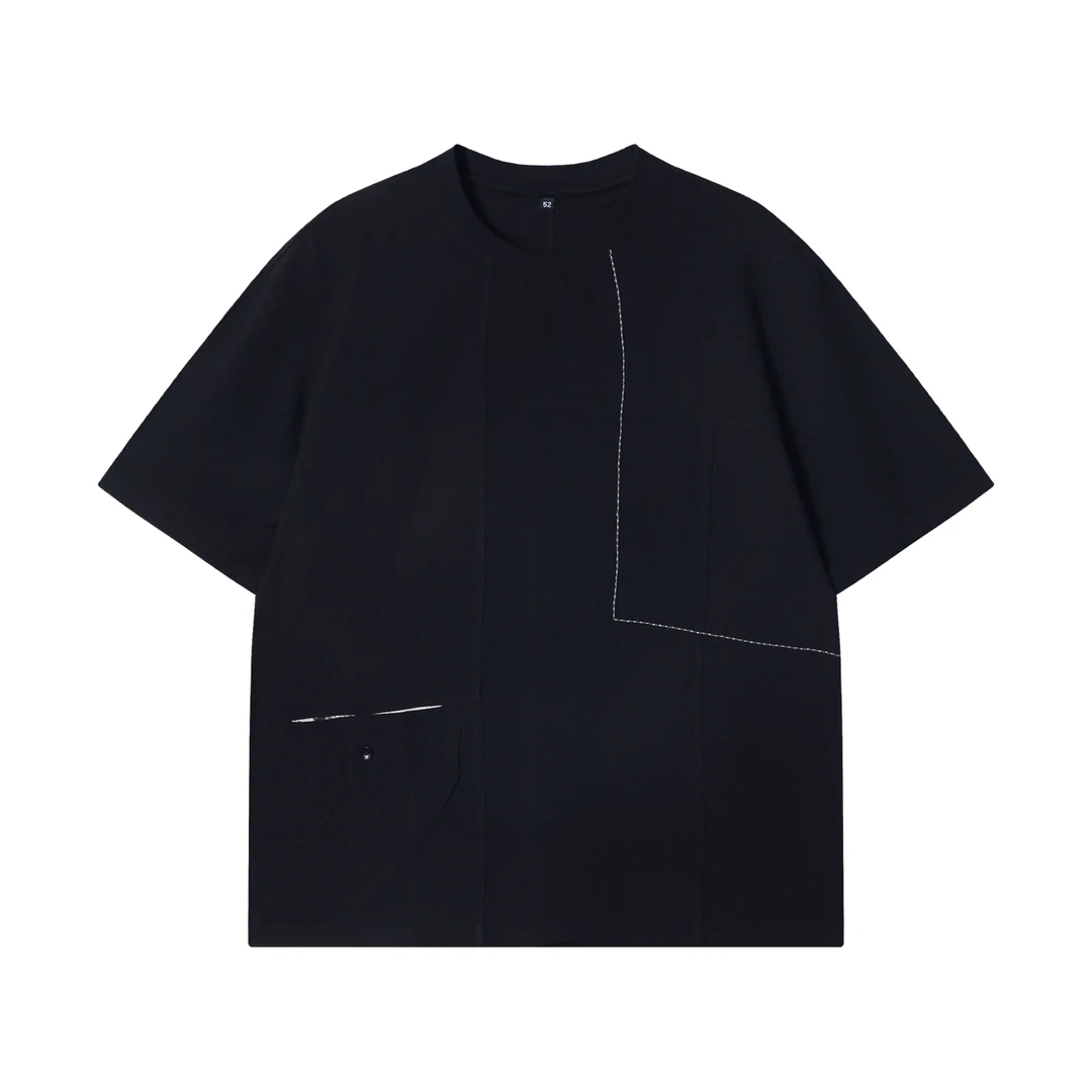 夏季高级感新款韩版明线裁剪圆领短袖T恤小众设计高街时尚上衣