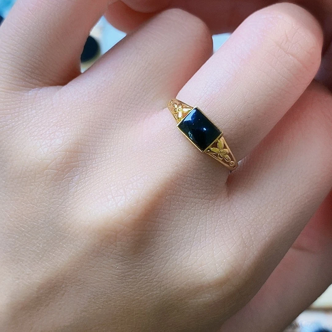 定制翡翠18K金镶嵌墨翠女戒