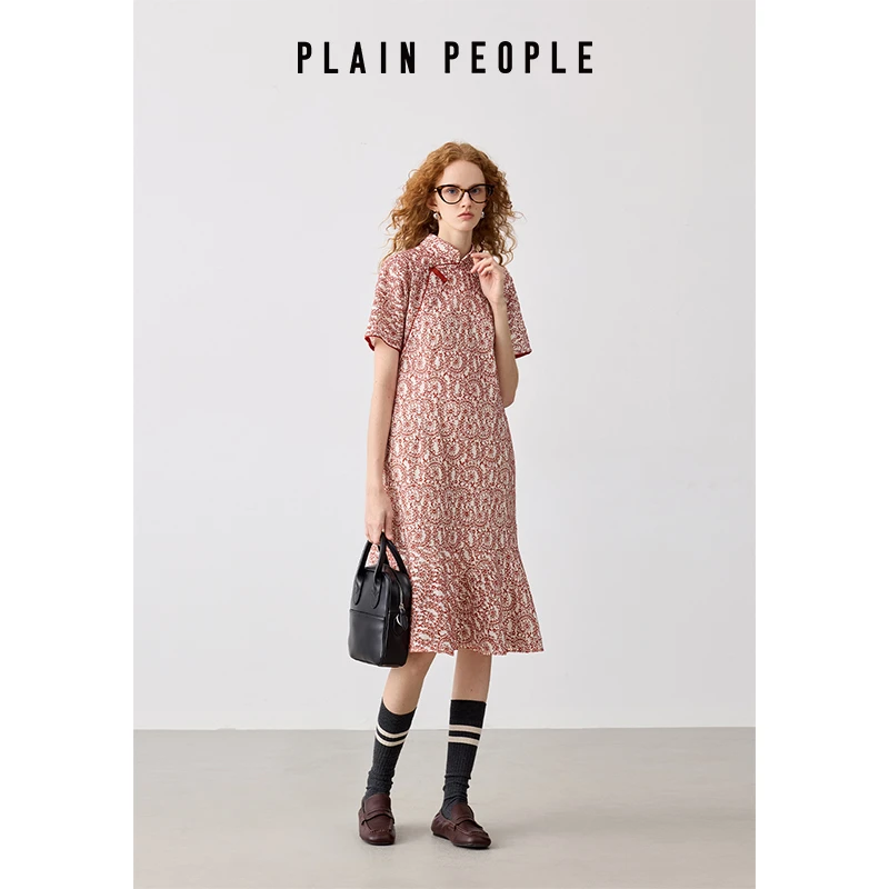 PLAIN PEOPLE法式度假中式斜襟旗袍领蕾丝鱼尾连衣裙女2025夏新款