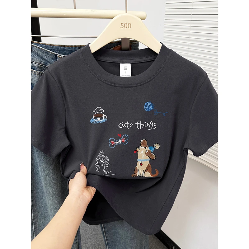 韩版洋气卡通印花正肩短袖t恤2025新款爆款大码休闲慵懒百搭上衣