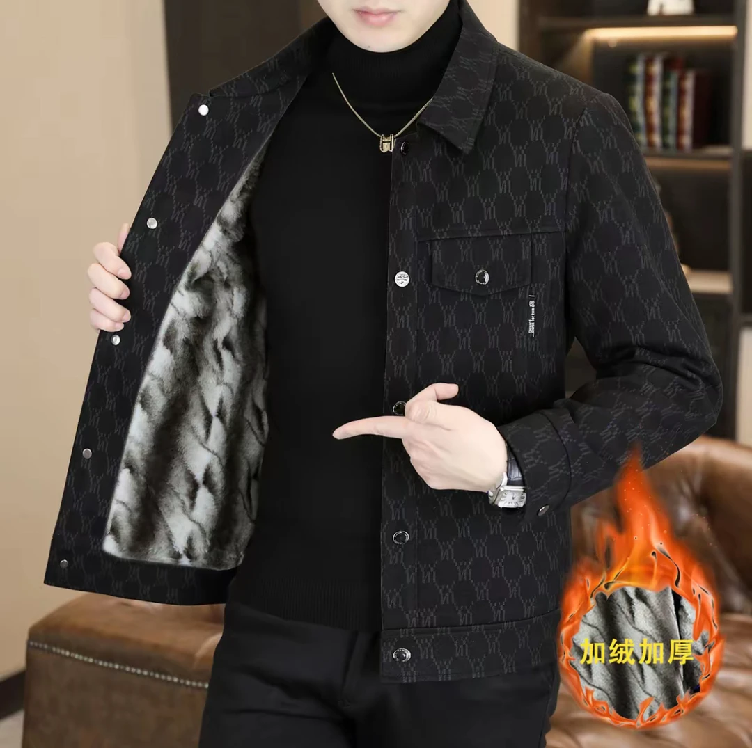 新款时尚男士休闲夹克潮流百搭修身加绒加厚外套男中青年翻领上衣