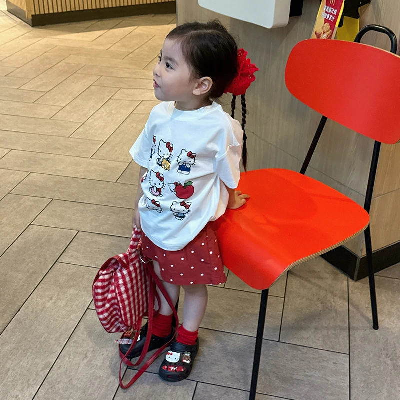 壹妈韩版童装女童夏季套装儿童可爱kitty猫t恤红色波点半裙