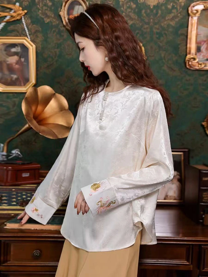 时尚新中式中国风刺绣上衣女装国风长袖衬衫宽松圆领打底衬衣小衫
