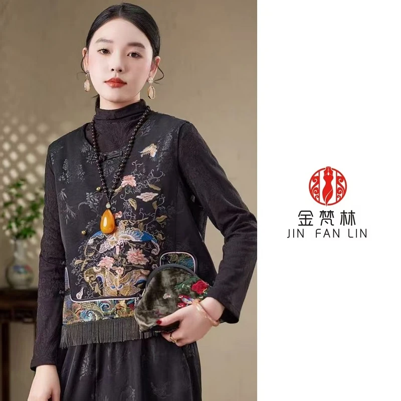 【忆长安】新品文艺复古缎面暗花坎肩民族风重工绣花手工盘扣马夹