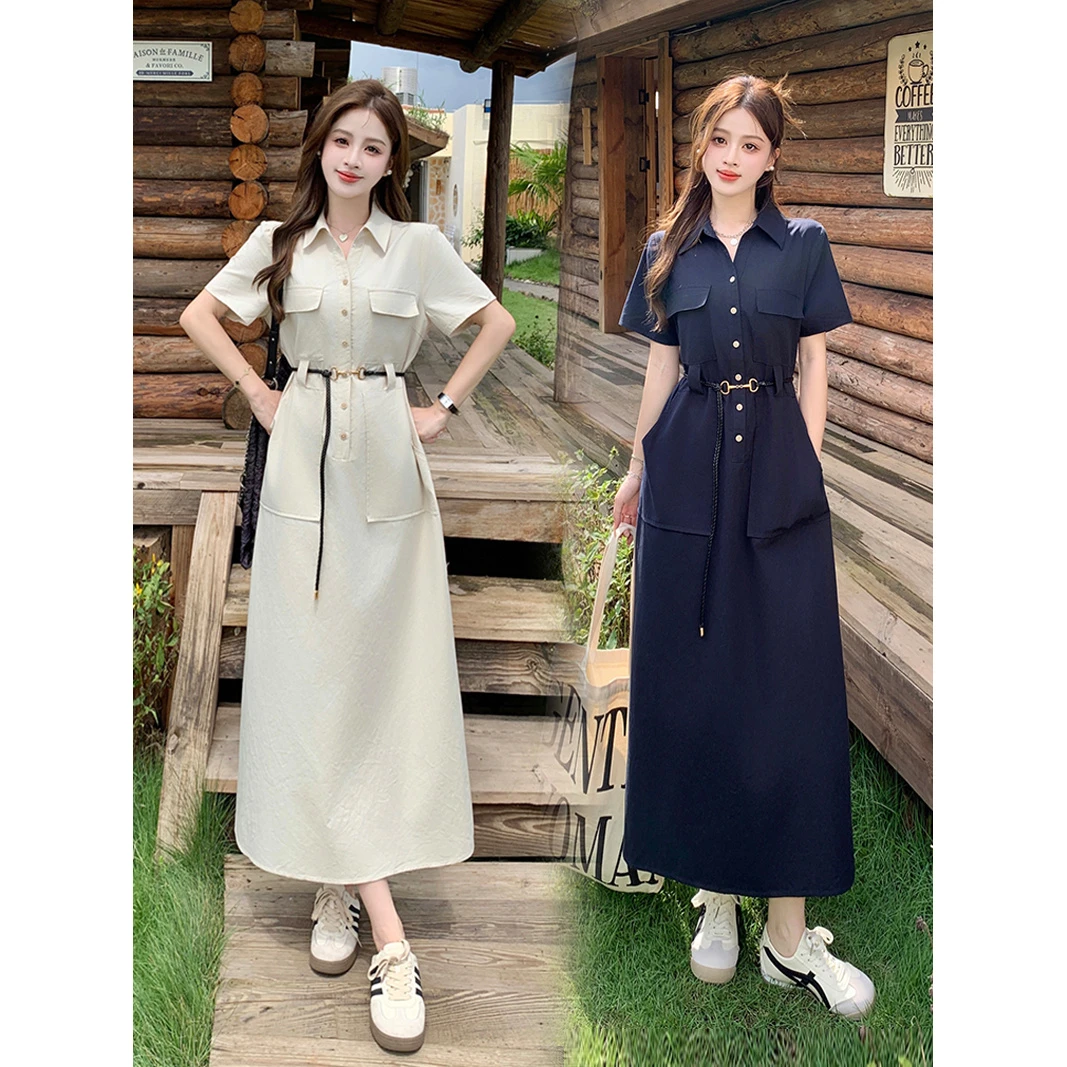 2025夏装新款胖mm大码女极简时尚休闲设计感polo领收腰显瘦连衣裙