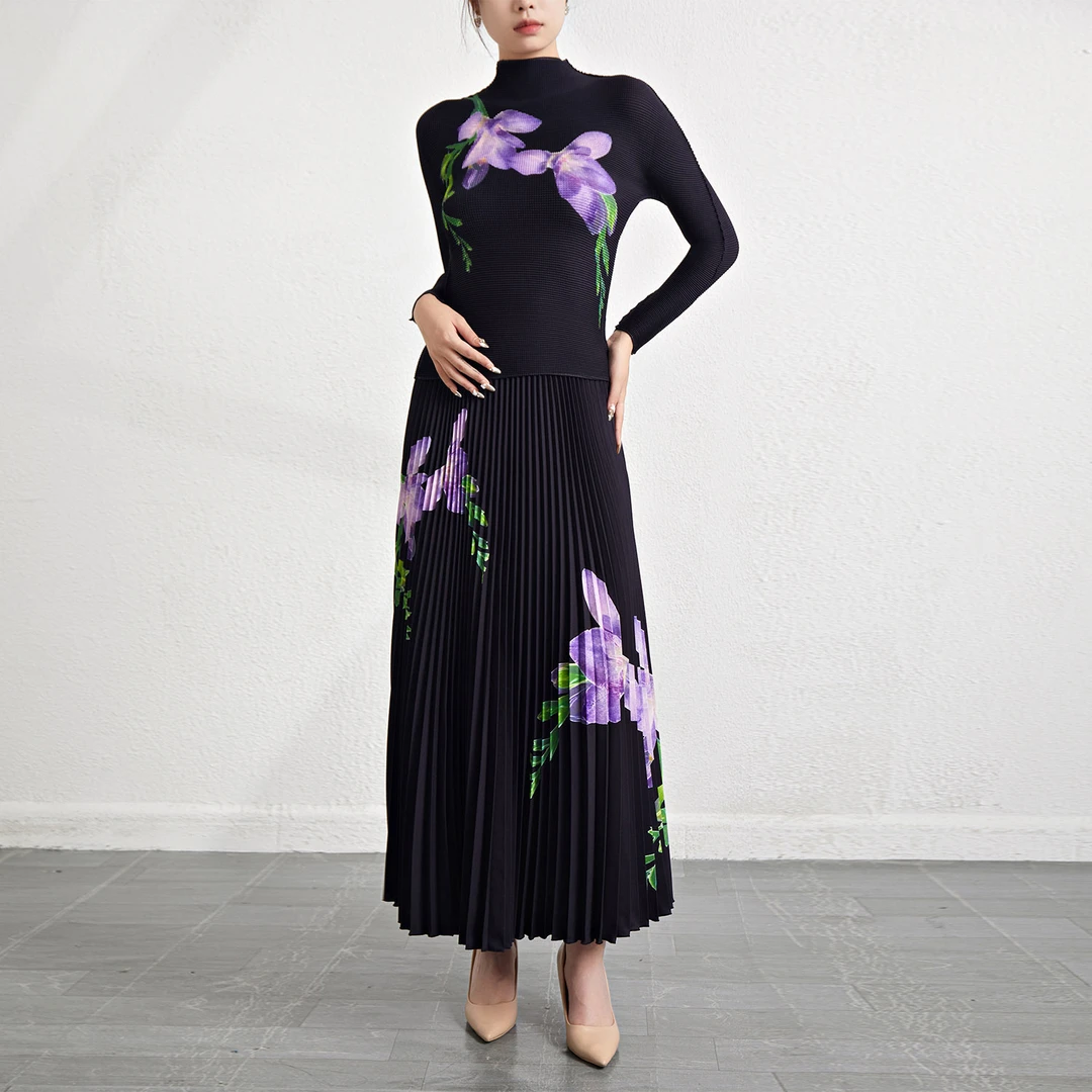 复古褶皱时尚碎花套装秋冬新款三宅弹力上衣收腰设计感半裙两件套