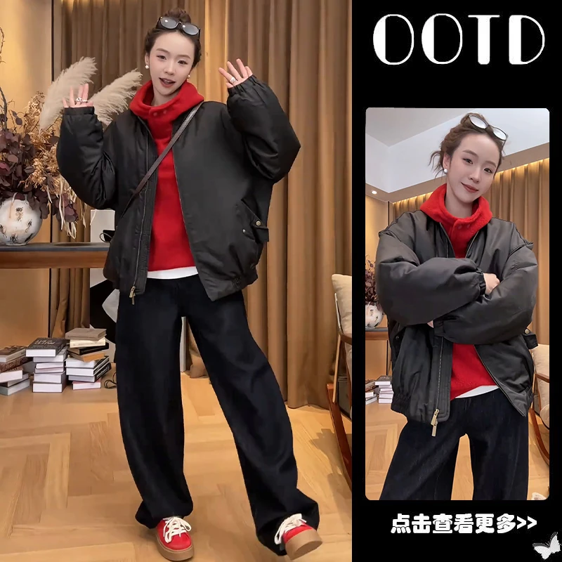 秋冬流行穿搭一整套女2025新款宽松外套红色连帽卫衣休闲裤三件套