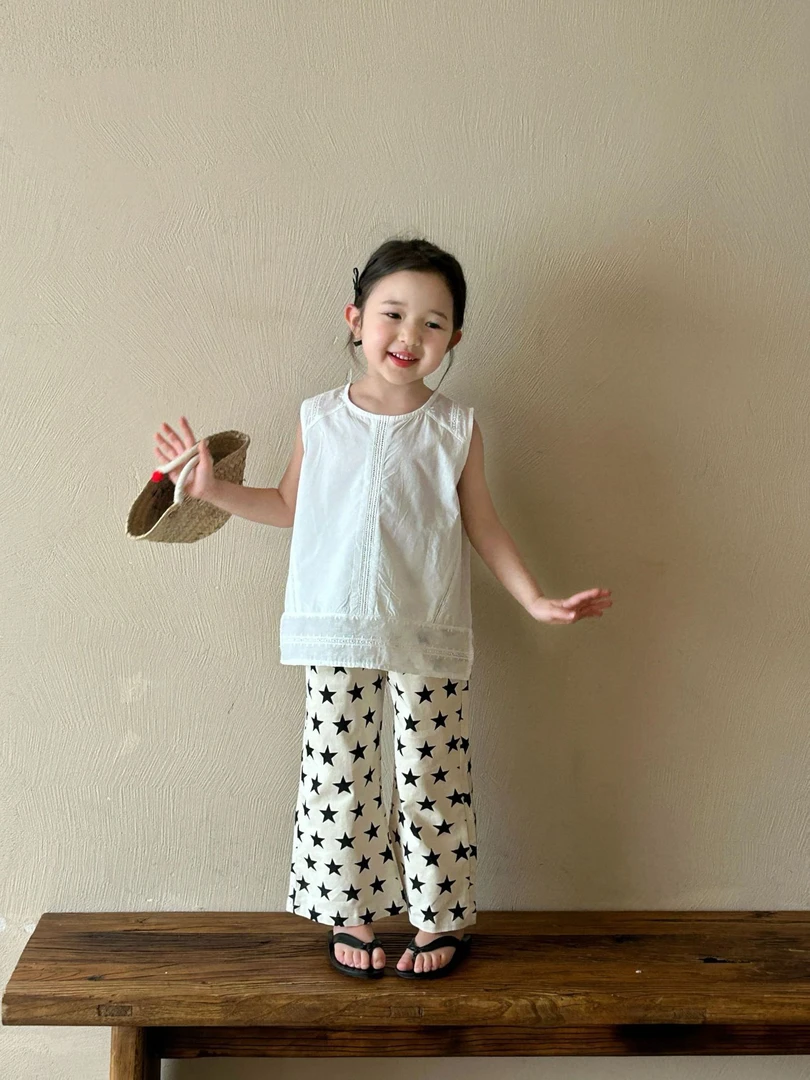 2025夏季新品 韩版童装  女童无袖蕾丝上衣  宝宝蕾丝裙衫星星裤