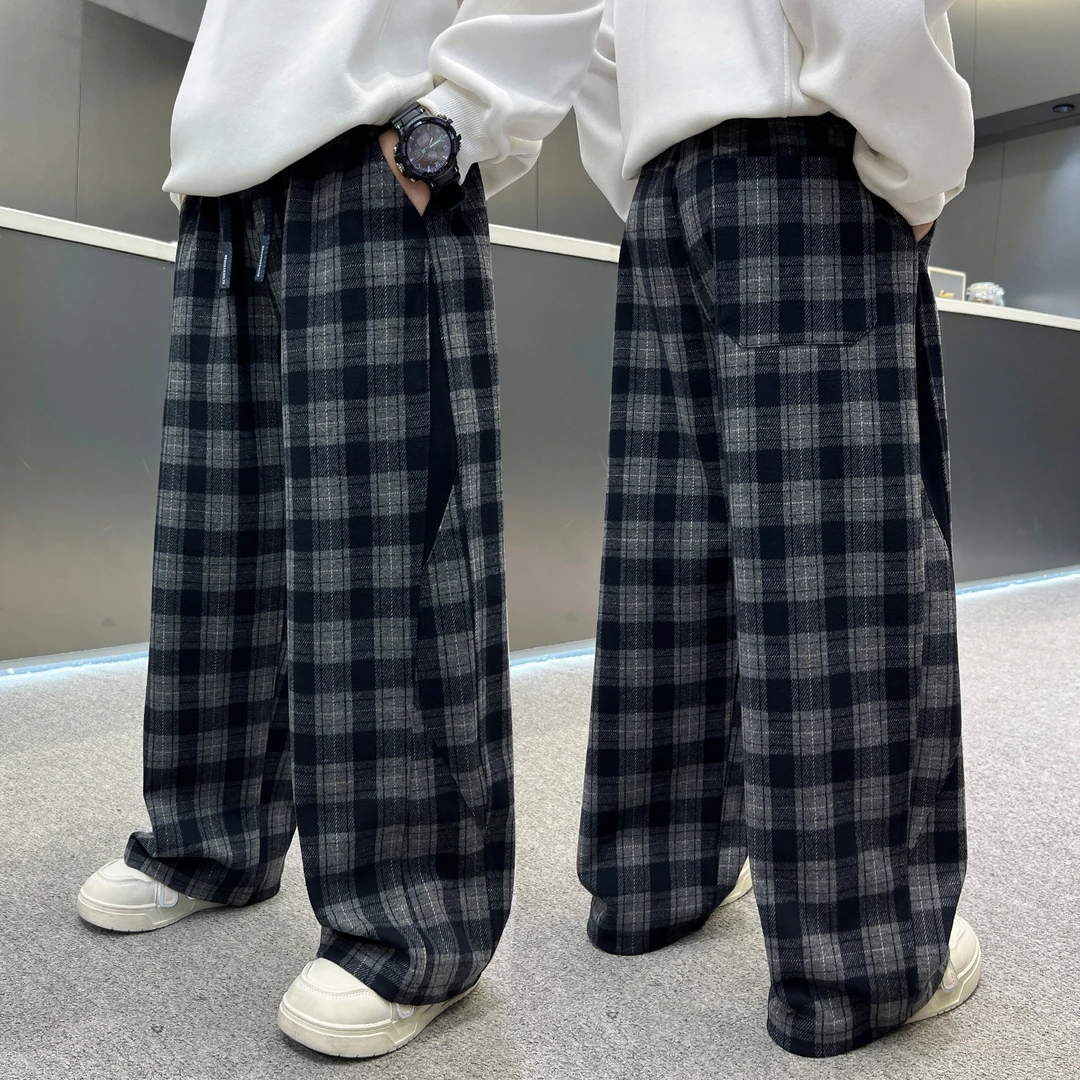 男童裤子春秋款秋装6岁12岁15岁潮款宽松格子裤长裤秋季休闲裤