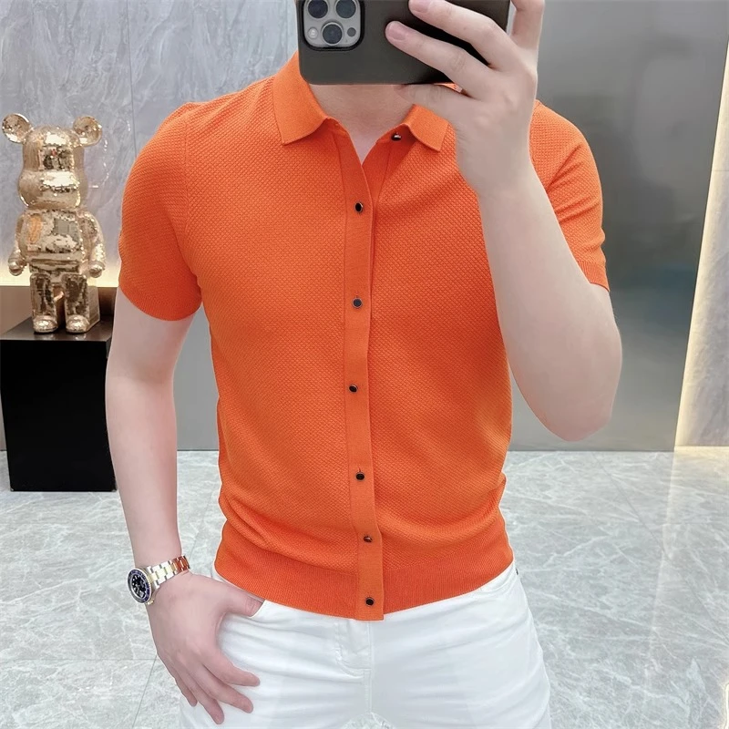 欧货轻奢短袖衬衫男士针织冰丝时尚休闲夏季半袖纯色POLO衫潮6202