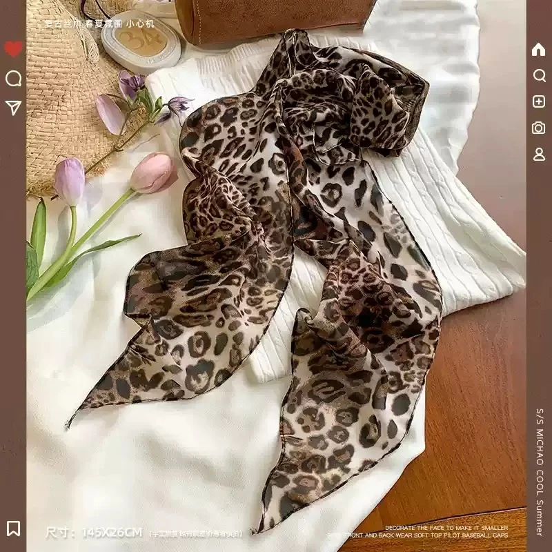 复古时髦领巾雪纺黑白波点丝巾春夏辣妹长条飘带薄款围巾豹纹发带