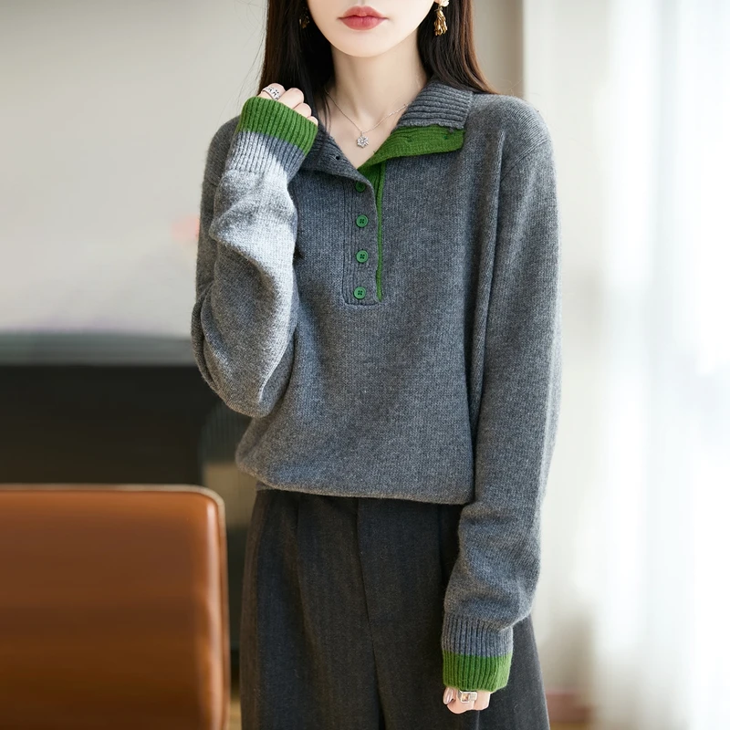 2025女冬季加厚撞色立领针织衫新款宽松假两件上衣