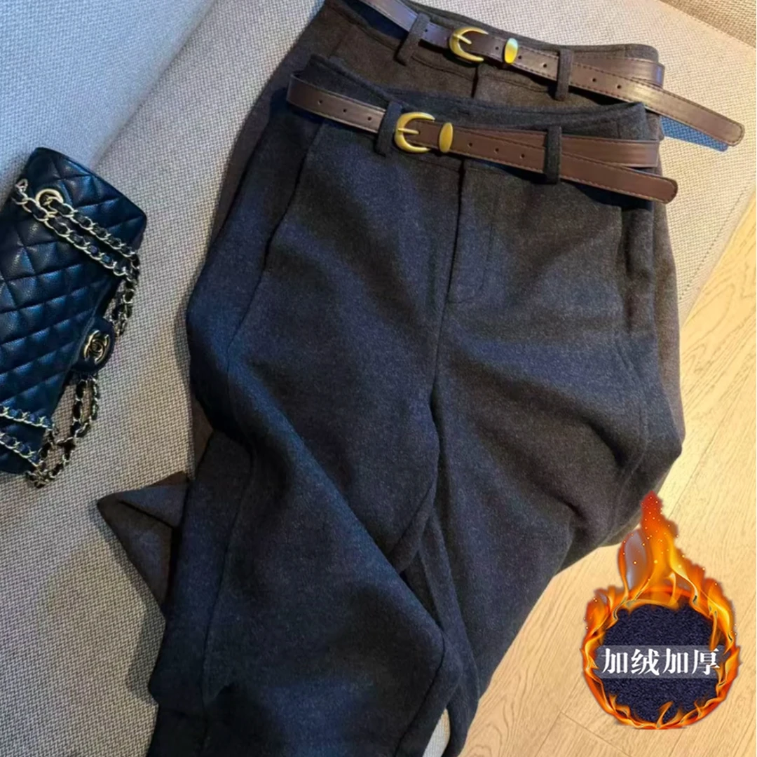 加绒加厚软糯毛呢阔腿休闲裤女2025秋冬新款高腰显瘦韩系直筒裤女
