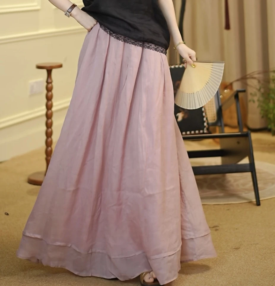 月畔湾【醉北风】国风休闲松紧腰气质裙子垂感苎麻薄款半身裙拖地裙