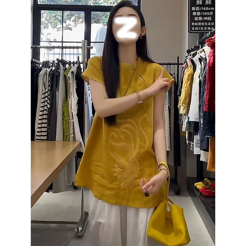 新中式国风短袖黄色衬衫女夏季2025年新款改良旗袍中长款开叉上衣