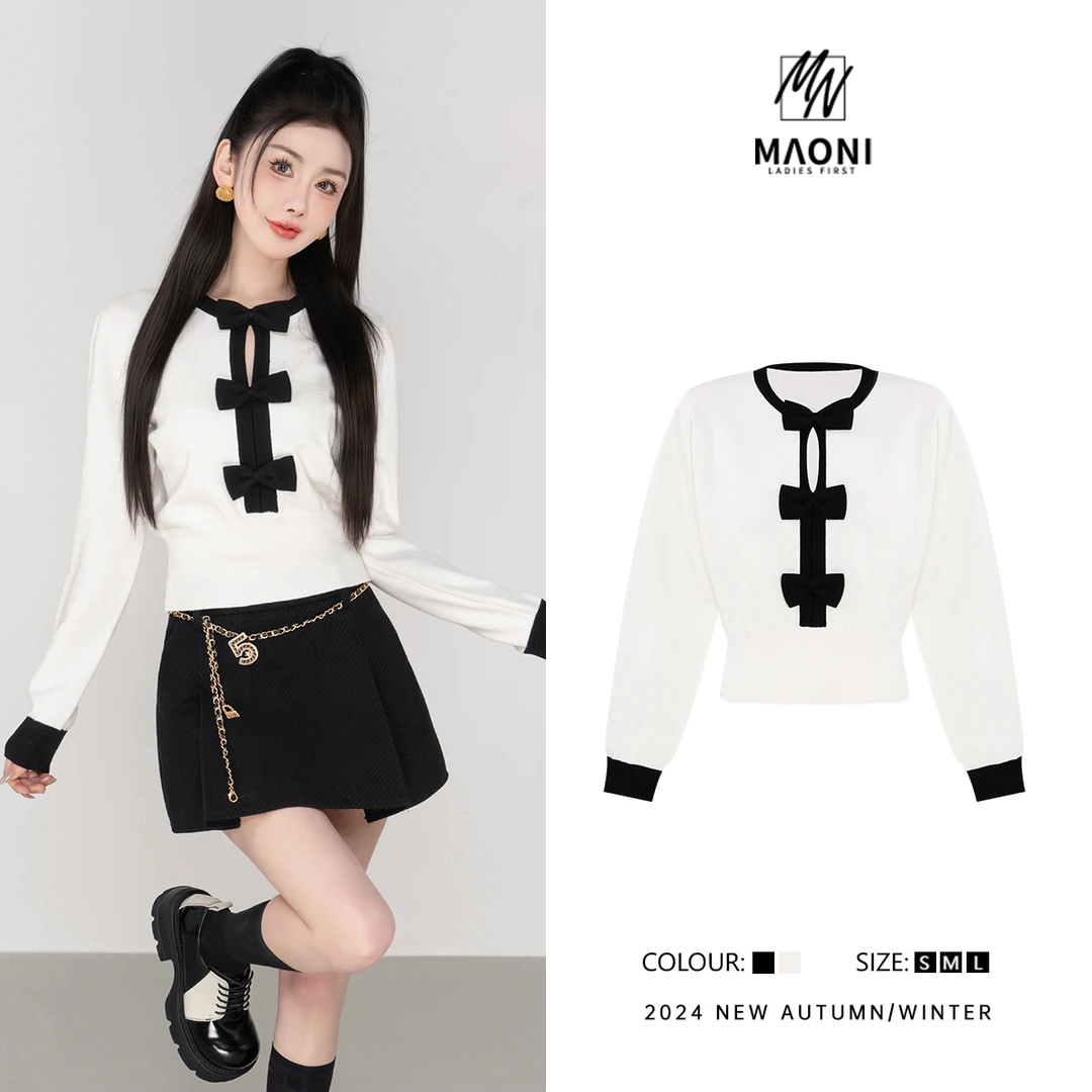 毛妮Peshe【温柔蝴蝶结】小香风撞色毛衣套头内搭长袖打底衫L1258