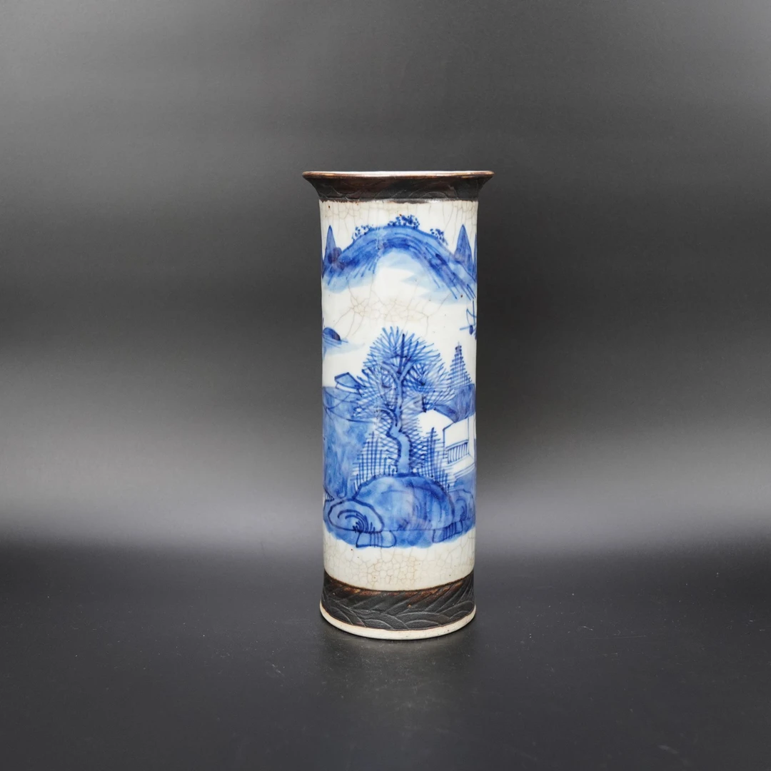 Lot.25071333清光绪哥釉青花人物山水纹箭筒 H约25.5
