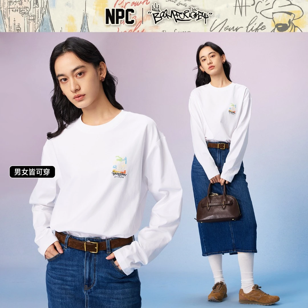 NPC潮牌100%棉城堡印花圆领长袖T恤光变男秋季宽松舒适NP57TL43