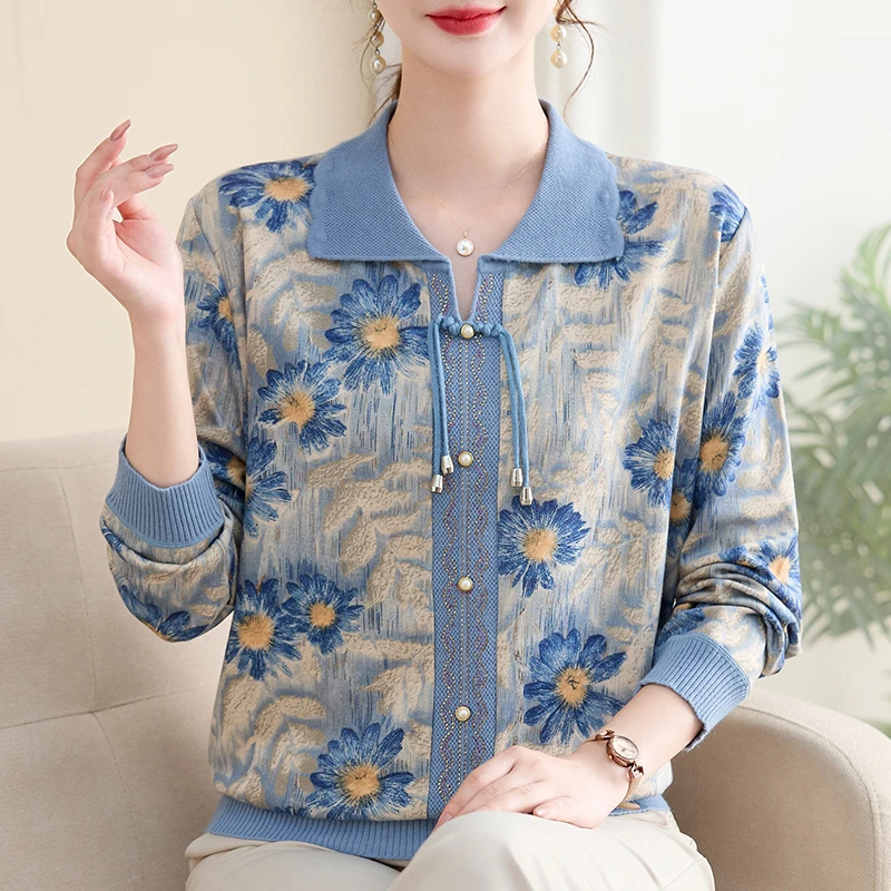 【不加绒】妈妈2025秋装洋气针织衫小衫女士中老年毛衣翻领上衣T恤