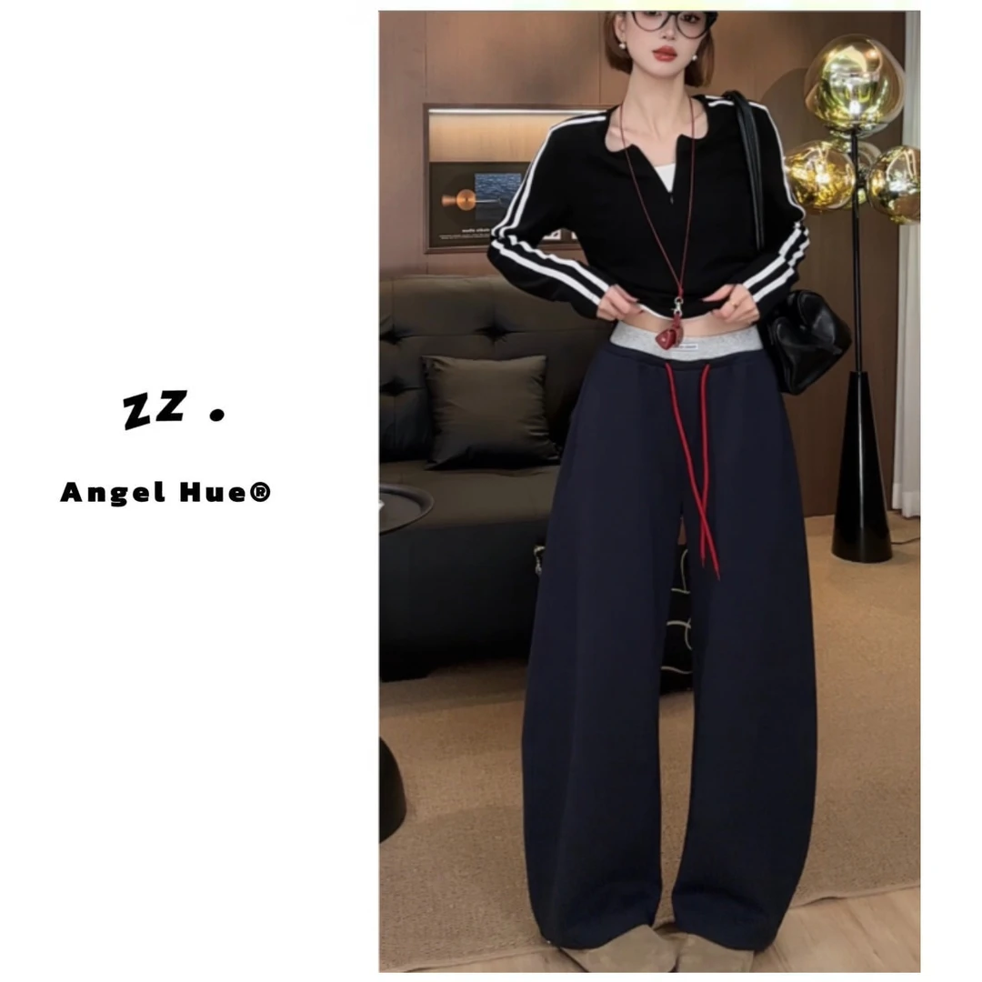 zz · 2025新款韩系抽绳拼腰阔腿直筒休闲裤女百搭显瘦卫裤M010