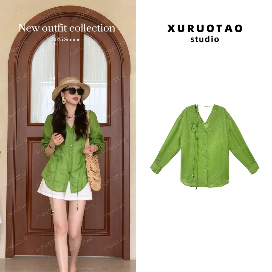 XURUOTAO 【梦江南】苎麻国风设计感V领显瘦修身绿色上衣 T5366