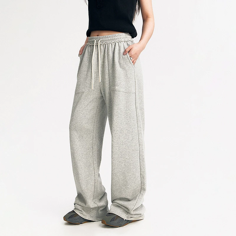 NO ONE ELSE美式复古女装夏季抽绳卫裤字母刺绣长裤子阔腿休闲裤