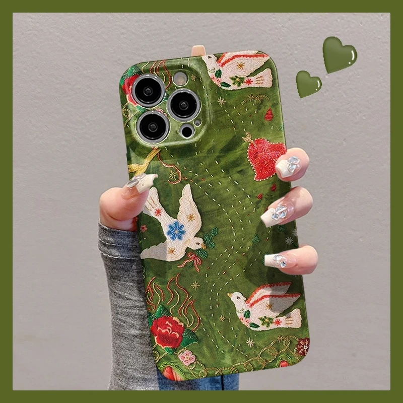 刺绣和平格子适用苹果16手机壳华为创意vivo小米15新款oppo菲林壳