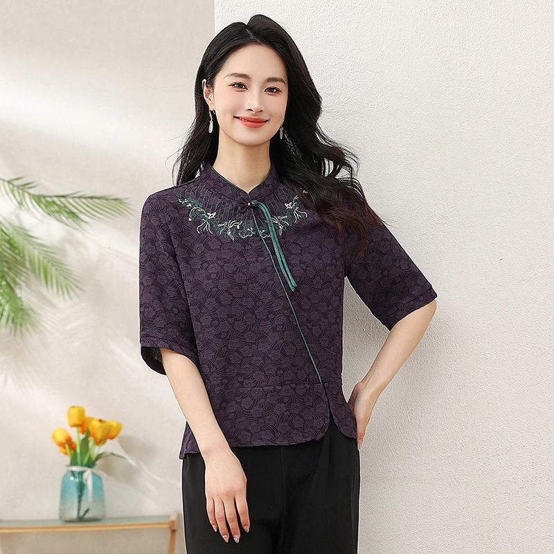 刺绣夏季民族风薄款中国风时尚春夏宽松型中老年女装