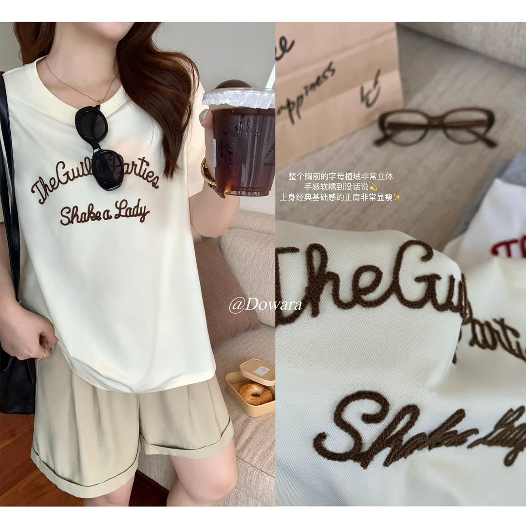 现货大婉酱微胖定制欧若风夏季圆领字母休闲短袖T恤宽松上衣7606D