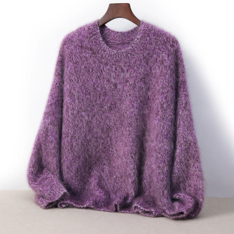 拉毛羊绒毛衣欧货高端软糯秋冬慵懒风宽松加厚紫色花纱拉绒羊绒衫