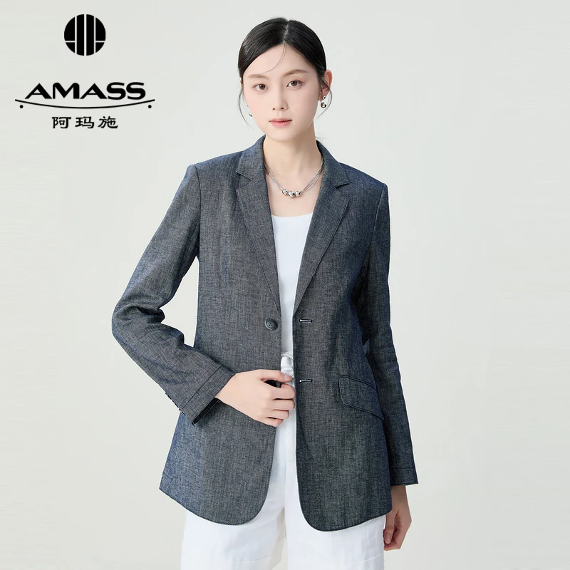 阿玛施AMASS新款时尚经典百搭简约休闲亚麻通勤西装外套女5400823