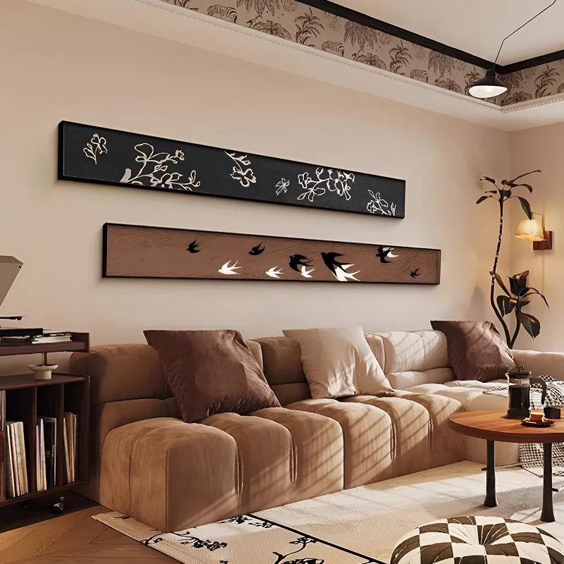 中古风客厅两联装饰画沙发背景墙挂画床头壁画燕子窄长条高档大气
