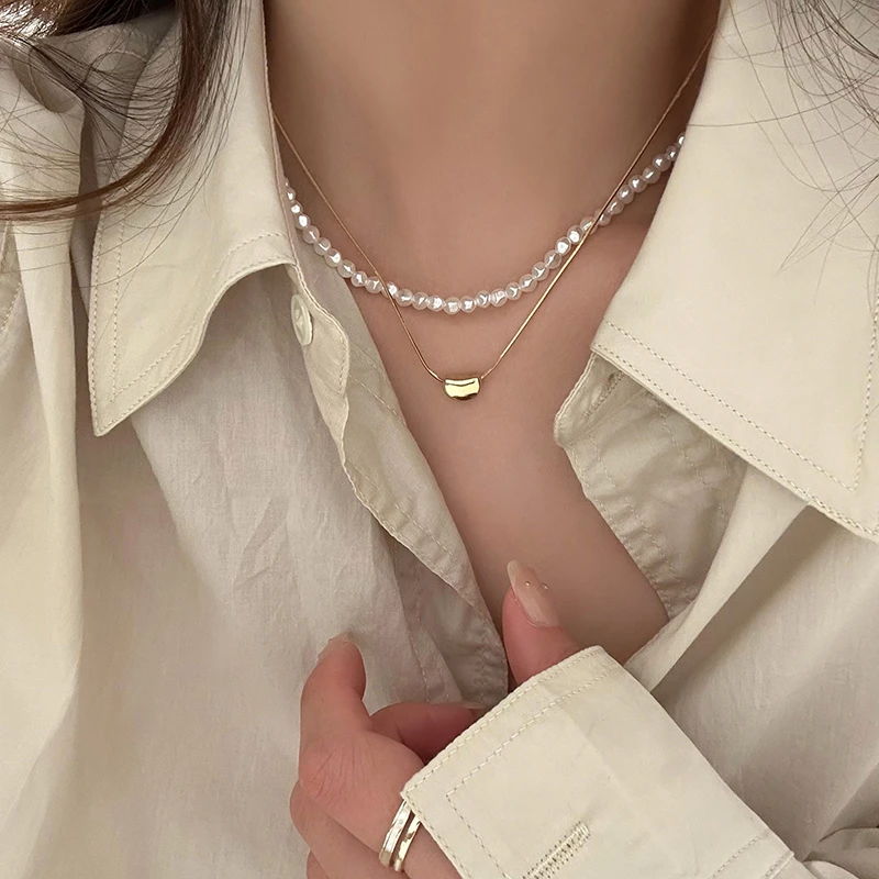 合金项链 双层珍珠项链女爆款轻奢小众高级感叠戴锁骨链颈链配饰