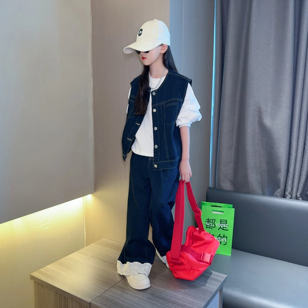 女童套装2025新款秋装儿童洋气时髦大童韩系打底衫牛仔马甲三件套
