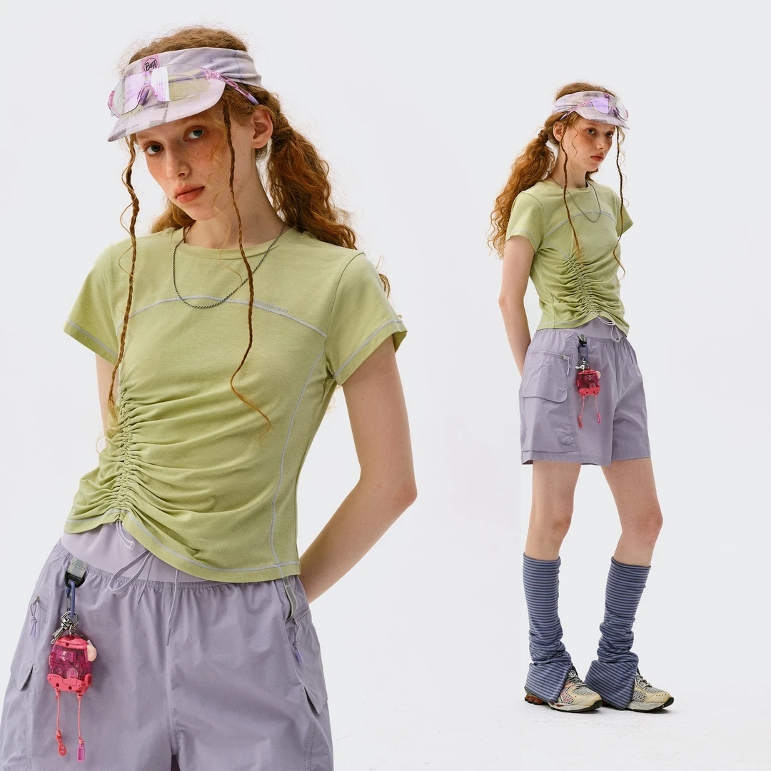 Monterest瞬时山野夏季抗菌纯色抽褶不规则修身羊毛混纺短袖T恤女