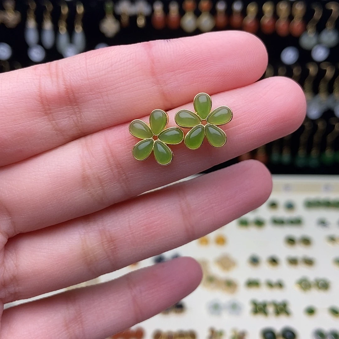 和田玉银S925镀金镶嵌耳饰