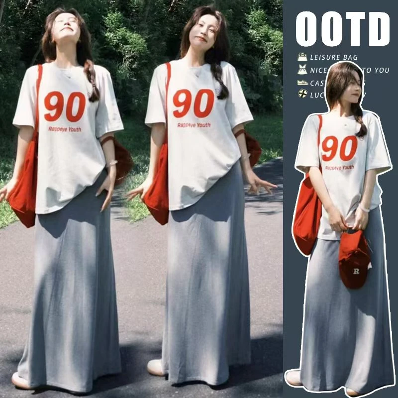 孕妇装2025夏新款简约宽松复古港风字母短袖T恤高级孕妇俩件套装