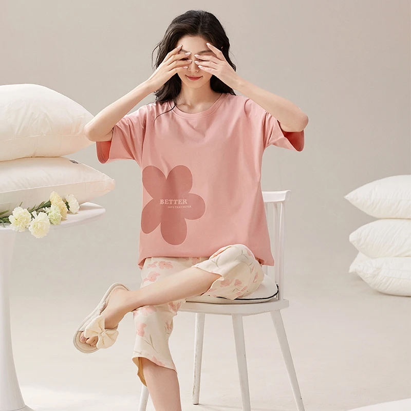 4307夏季带胸垫纯棉短袖七分裤休闲睡衣女士套装家居服套装HMF