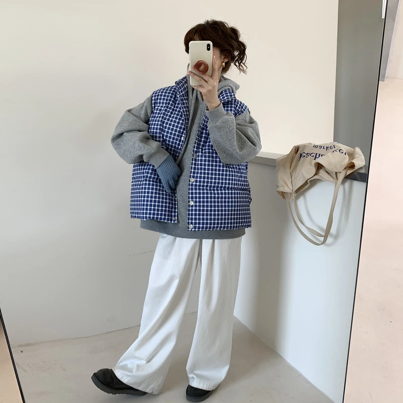 韩系高级感蓝色格子棉衣马甲女冬季加厚外穿面包棉袄外套上衣