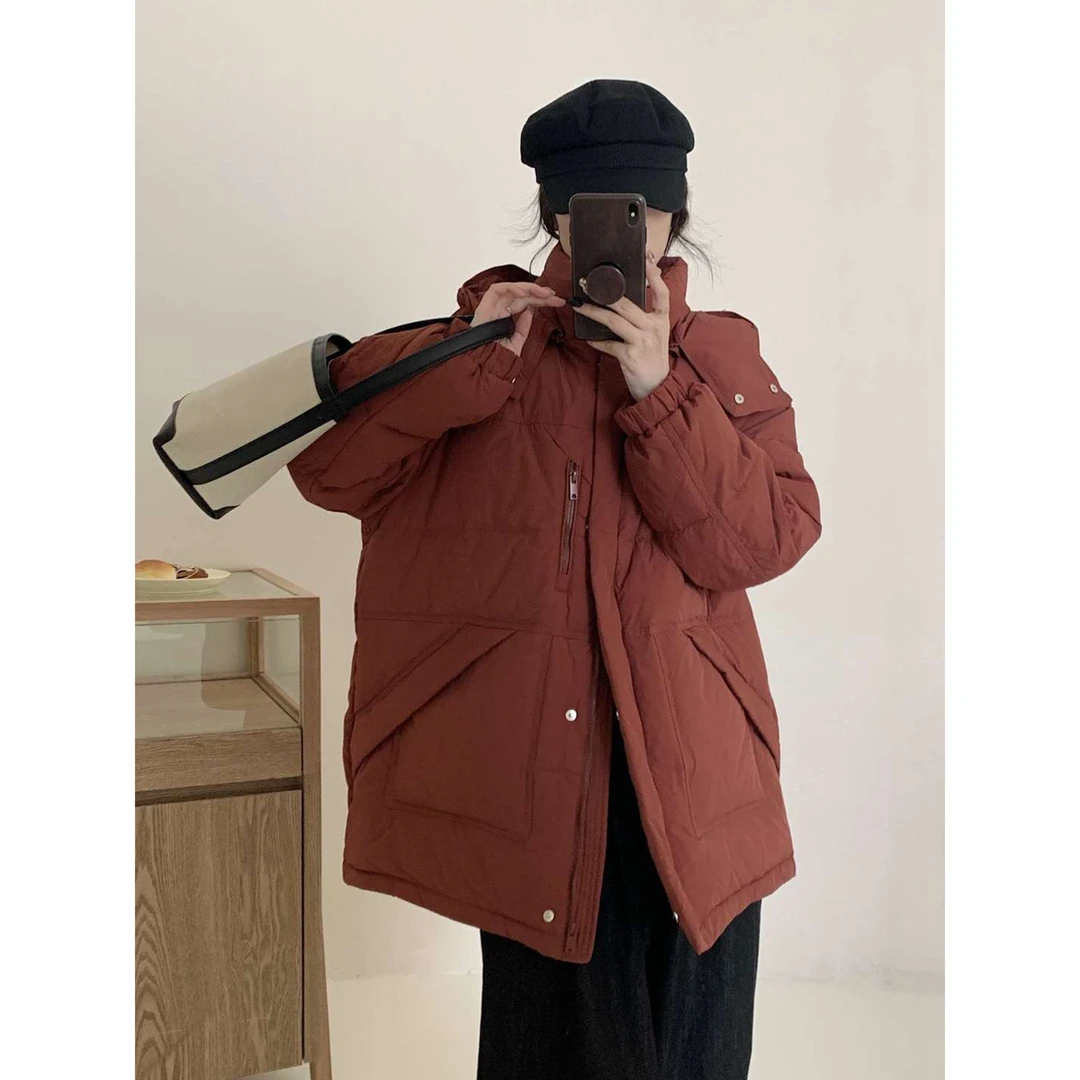 清 15788 韩版宽松加厚白鸭绒中长款连帽羽绒服外套小拉链冬款