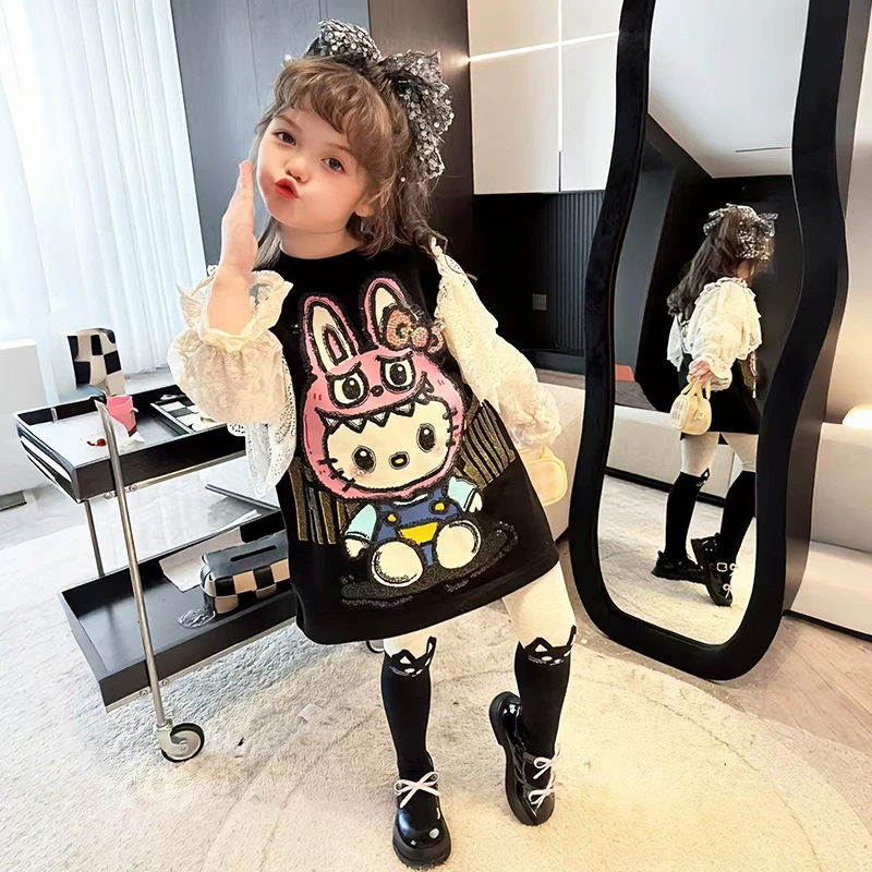 女童拉布布卫衣春秋2025新款儿童蕾丝上衣韩版女孩圆领套头衫洋气