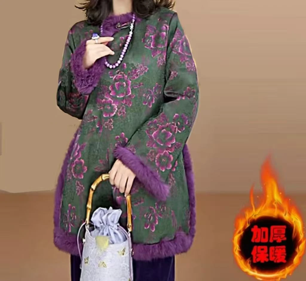 东方美（真兔毛）新中式复古国风中长款加棉丝绸大衫