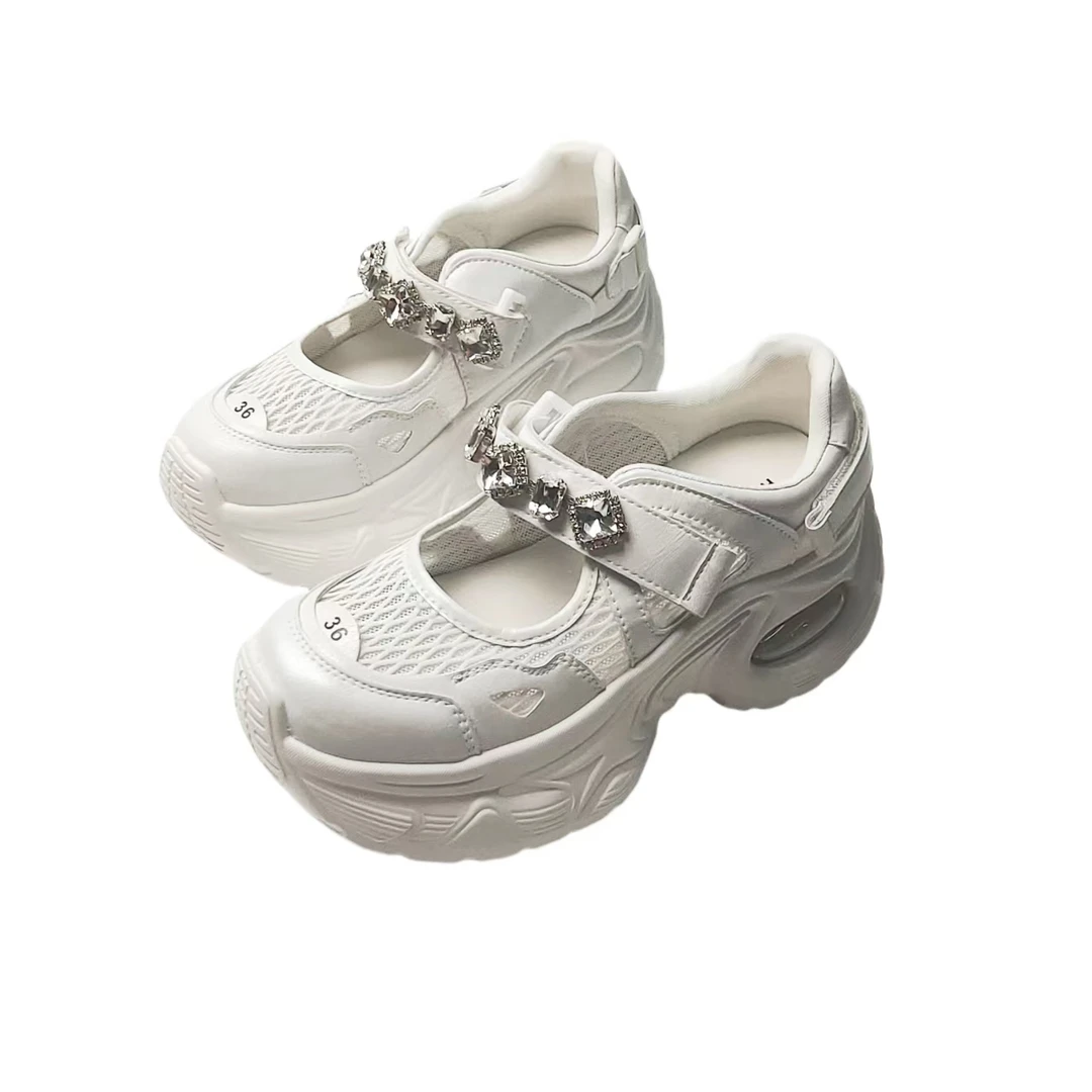 【昕昕严选】2025夏季水钻魔术贴厚底老爹鞋时尚镂空网面透气休闲鞋