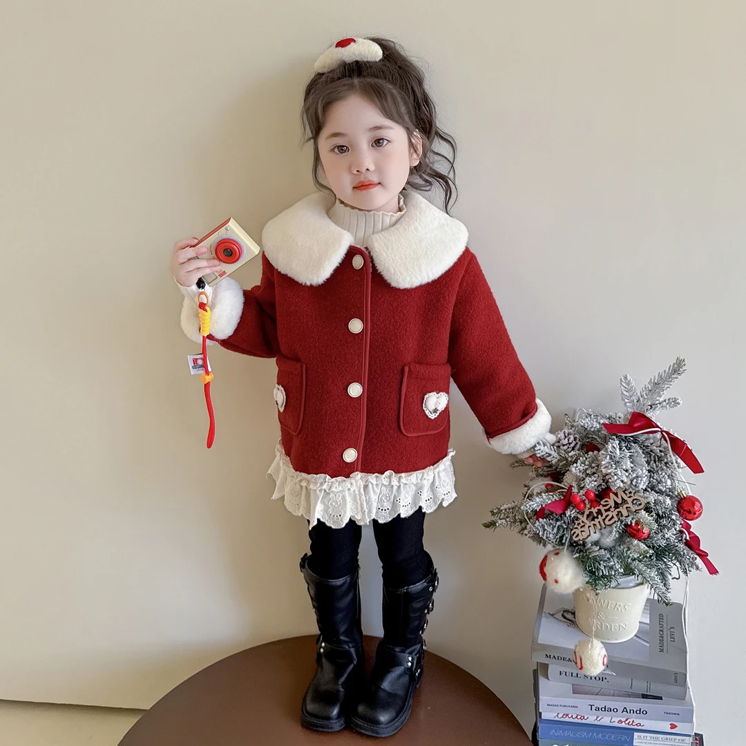 中小童洋气爱心花边呢子加绒大衣2025新款儿童冬季女宝宝呢大衣潮