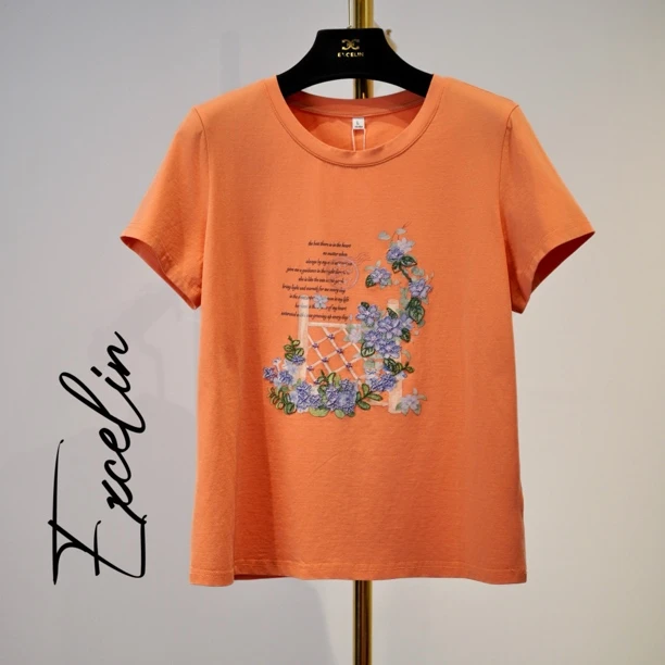 【浅粉橘蓝花刺绣短袖圆领】夏季显瘦减龄重工舒适短袖T恤女式上衣