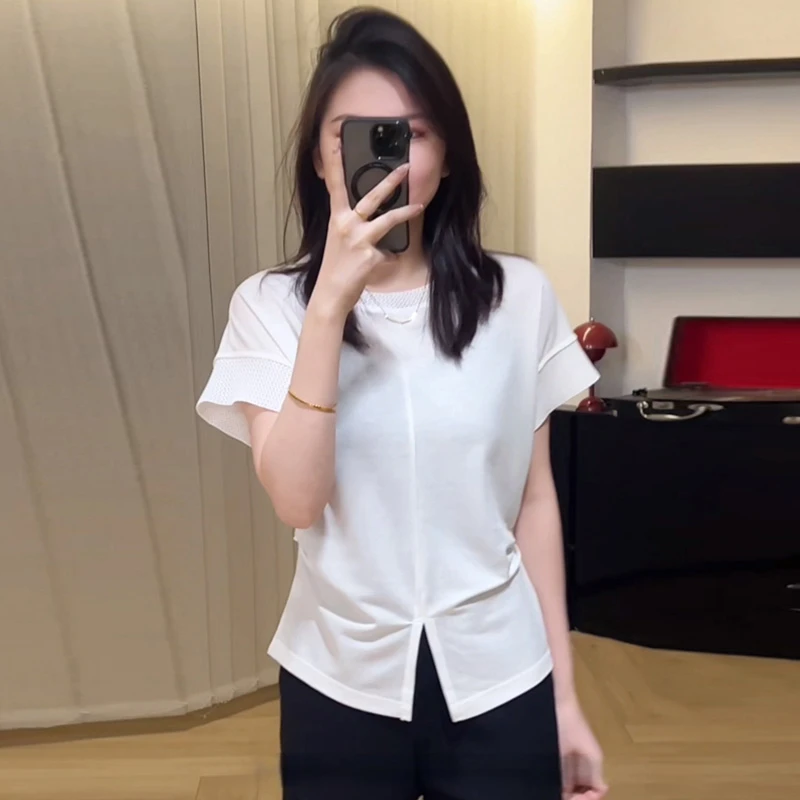 白色短袖t恤女款2025新款夏季开叉收腰设计感高级小众不撞款上衣