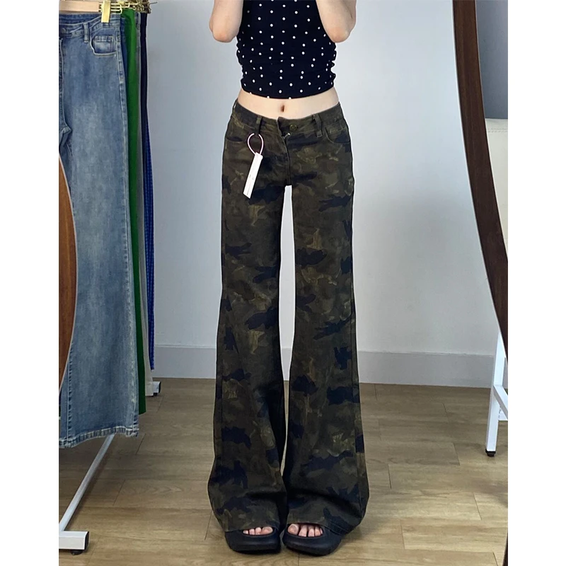 低腰迷彩设计感工装牛仔裤女秋季新款美式复古水洗辣妹显瘦直筒裤