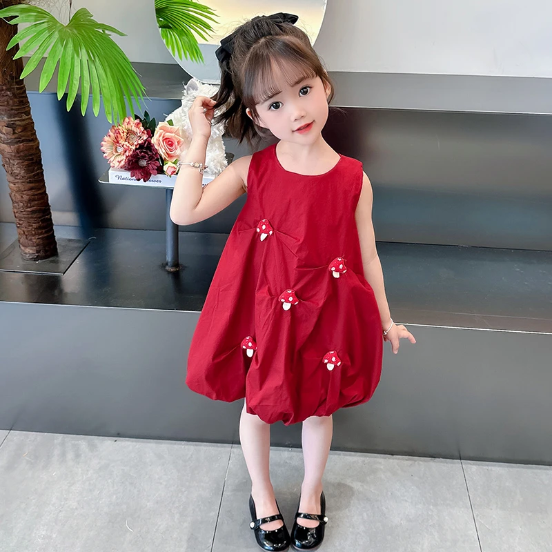 巴拉优选女童连衣裙夏装2025新款洋气儿童红色花苞裙夏季女宝中大